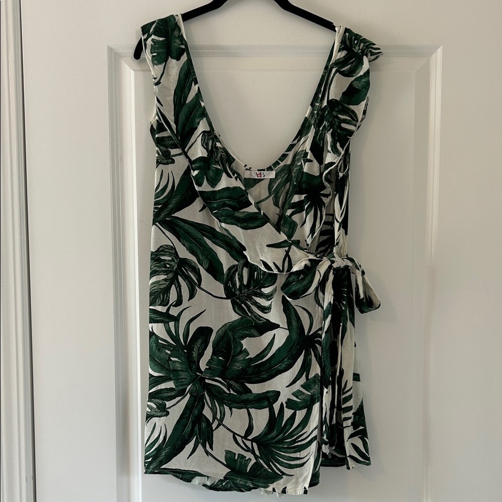 Green Leaf Print Romper w tie skirt in front